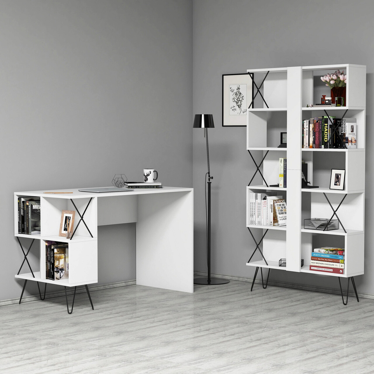 Set birou si biblioteca, Hanah Home, Extra, 120x78.8x60 cm, Alb/Negru - imagine 6